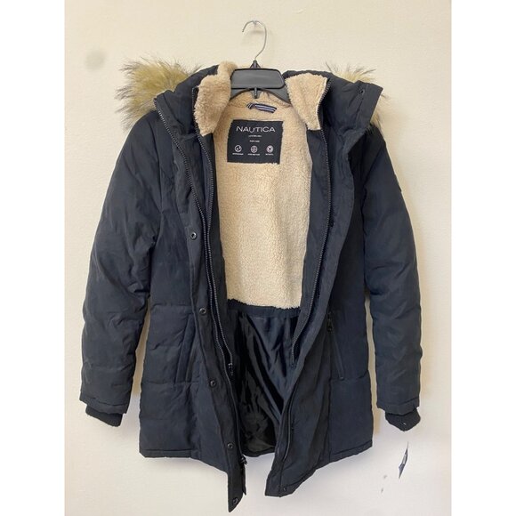 Nautica Women's Black Faux Fur Trim Hooded Puffer Coat Size M Defected (RIPPED) - Picture 2 of 8